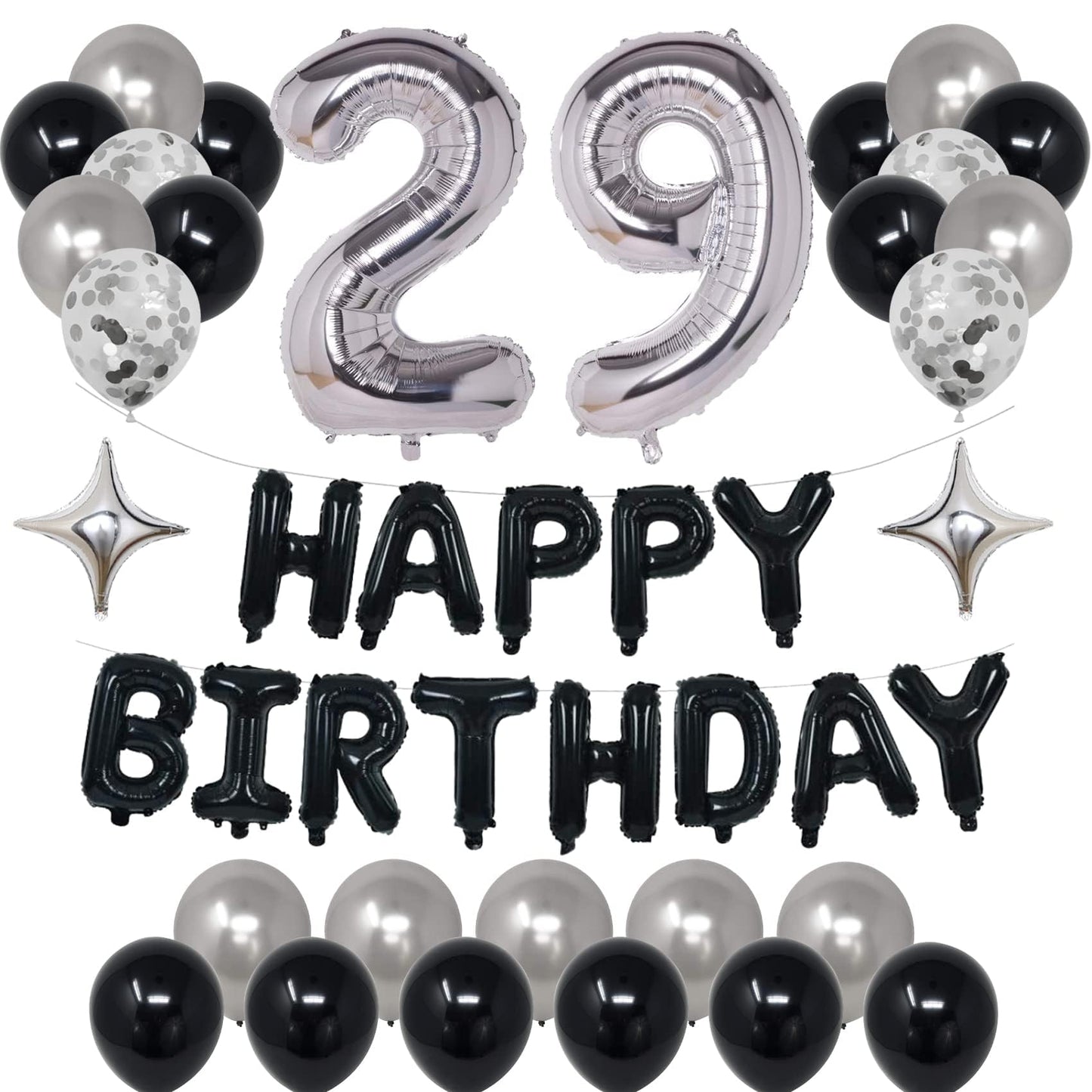 Naninuneno 29Th Black Silver Birthday Party Decorations For Men Women, Happy 29 Birthday Party Supplies With Black Happy Birthda