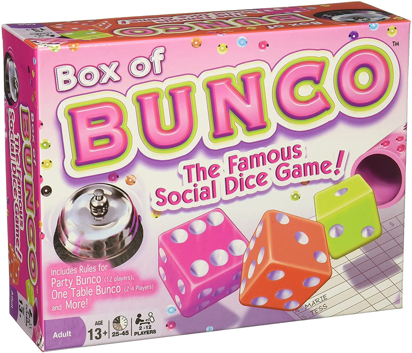 Continuum Games Box Of Bunco Game Party Box For Ladies Night With The Girls, Adult Games For 2-12 Players With 3 Sets Of Bunco Dice, Bell, And Score Pad For Ladies Night Games, Bunco Gifts For Women