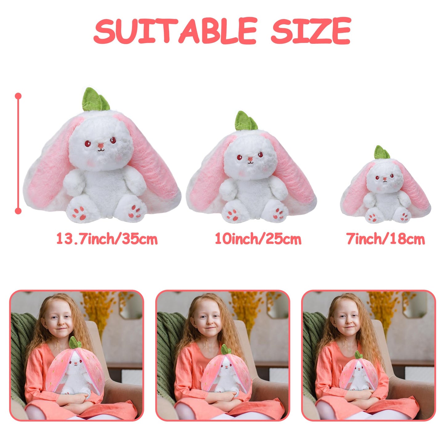 MIAODAM Bunny Stuffed Animal, Reversible Strawberry Rabbit Plush, 7 Cuddle Toy, Cute Doll for Easter & Gifts