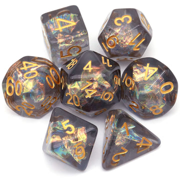 Haxtec Black DND Dice Set 7PCS Filled Resin Polyhedral D&D Dice W/Iridescent Mylar Inclusion Role Playing Dice Dungeons and Drag