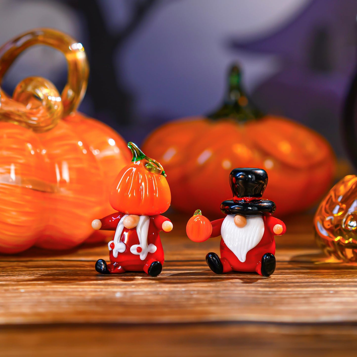 H&D Hyaline & Dora 2 Pcs Hand Blown Glass Halloween Pumpkin Gnomes Figurines Glass Gnome Ornaments For Fall Thanksgiving Halloween Party Table Centerpieces Decor