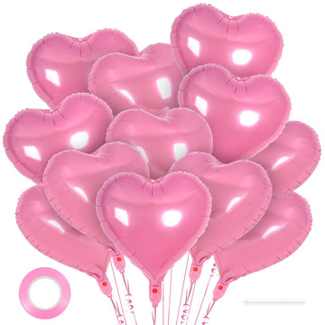 12 Pcs Heart Balloons,18 Inch Pink Heart Foil Balloons Love Balloons Valentine Balloons For Birthday Party Wedding Engagement Pa