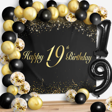 Happy 19Th Birthday Balloons Black Set Decor - Cheers To 19 Years Old Party Theme Garland Banner Backdrop Decorations For Women