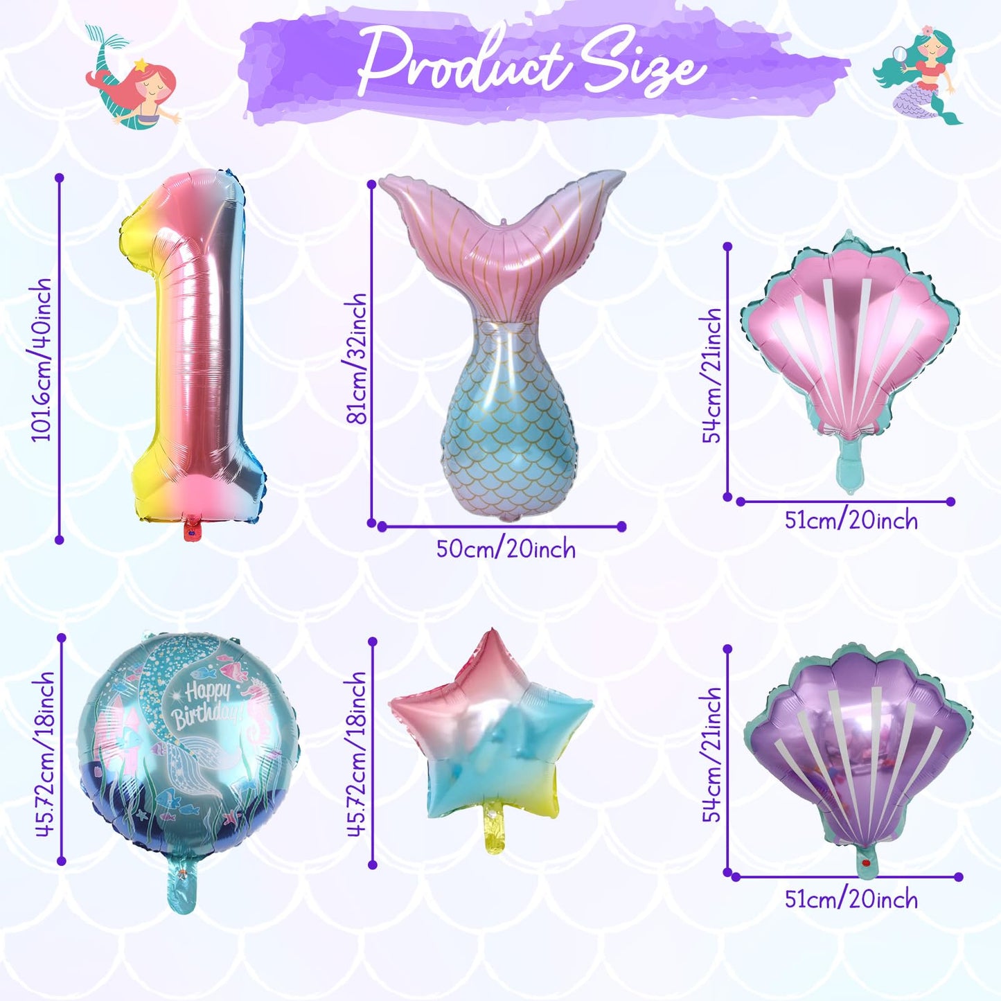 Mermaid 1St Birthday Decorations, 8Pcs Mermaid Party Decorations Balloons, 40 Inch Rainbow Number 1 Balloon, Large Helium Foil Mermaid Tail Balloon, Seashell Balloons For Girls' 1St Birthday Party