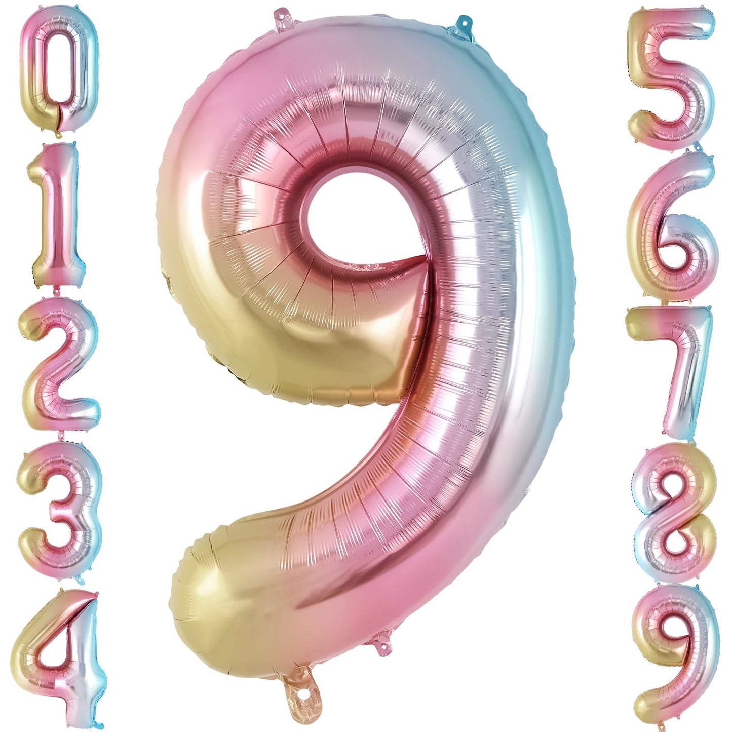 Rainbow Gradient Number 9 Balloon, 40 Inch Big Large Foil Number Balloons, Jumbo Mylar Number 9 Balloons For 9 Year Old Birthday