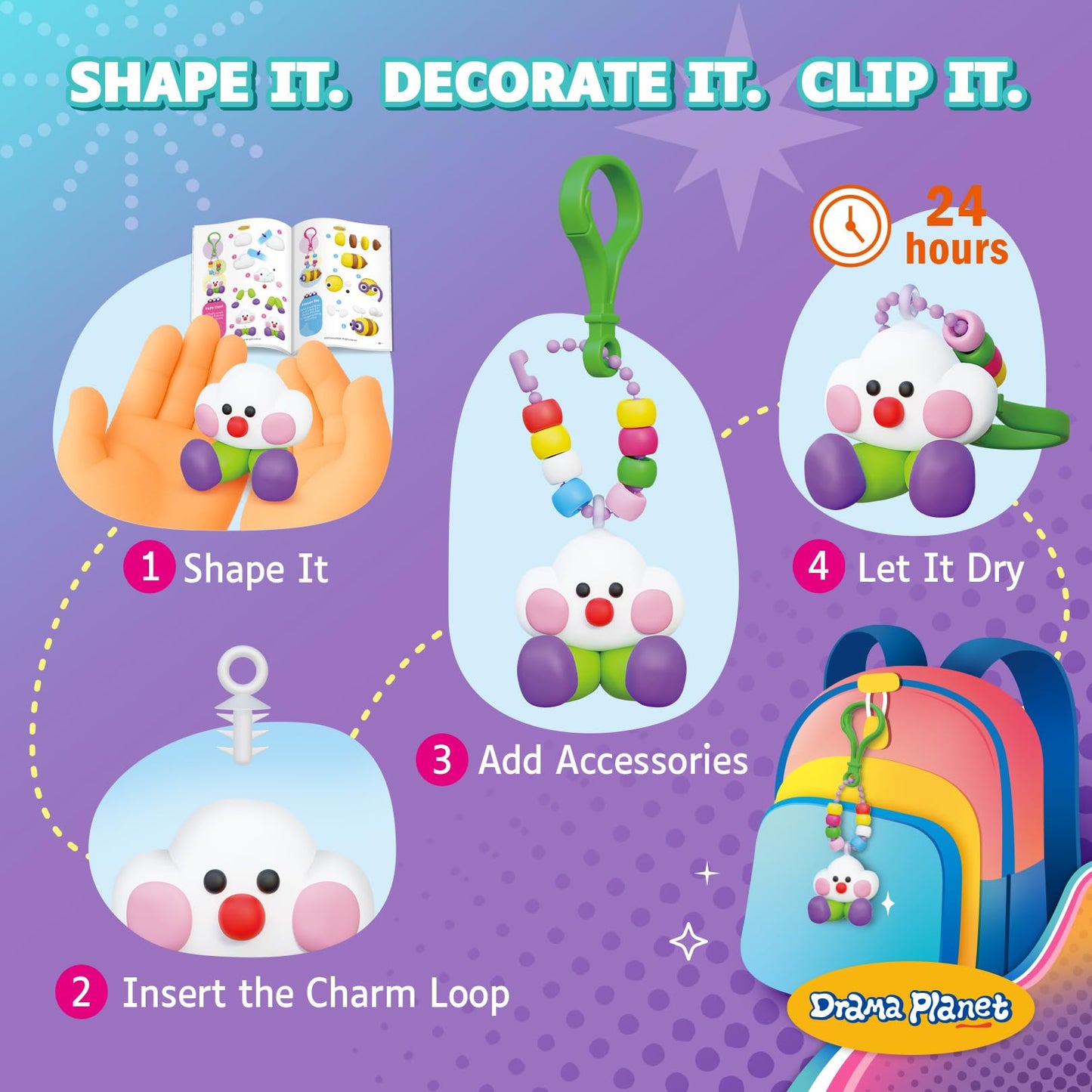 Drama Planet Make Your Own Clay Keychains - Air Dry Clay Craft Kit for Kids Ages 6 and Up, Create 8+ Charms and Bag Decorations,