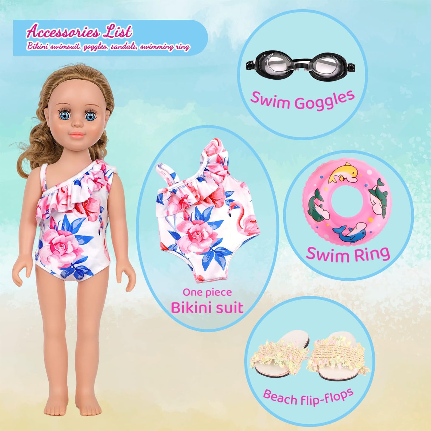 Msyo Doll Swimsuit Set For 18-Inch Doll, 7 Pcs Doll Swimming Accessories, 18-Inch Doll Bathing Suit Set, Fashion Doll Water Play