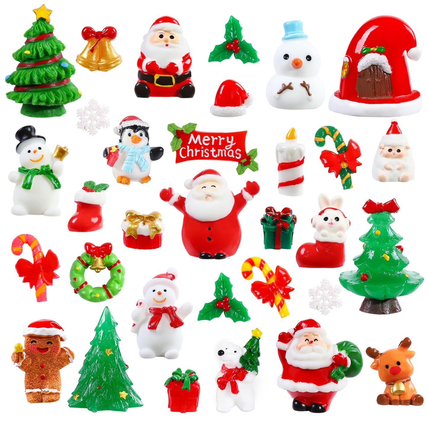 DIYDEC 32Pcs Christmas Miniature Figurines, Mini Resin Figurines to Hide Small Resin Santa Claus Snowman Xmas Trees Animals for 