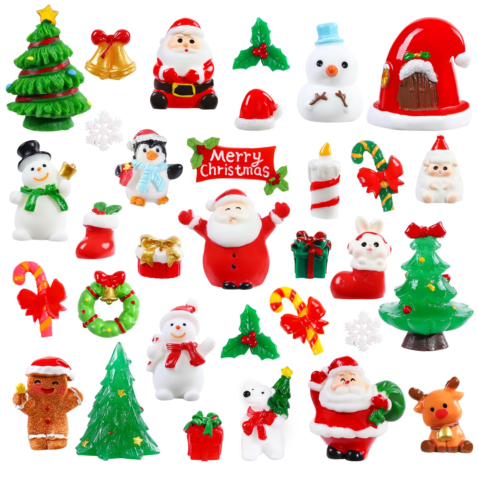 DIYDEC 32Pcs Christmas Miniature Figurines, Mini Resin Figurines to Hide Small Resin Santa Claus Snowman Xmas Trees Animals for 