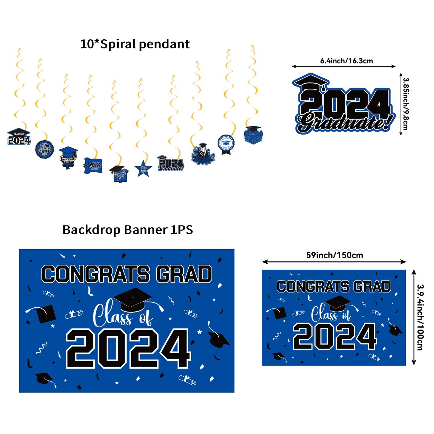 Graduation Decorations Class Of 2024, Congrats Grad Banner, Class Of 2024 Backdrop, Balloons & Hanging Swirl, Honeycomb Party Su