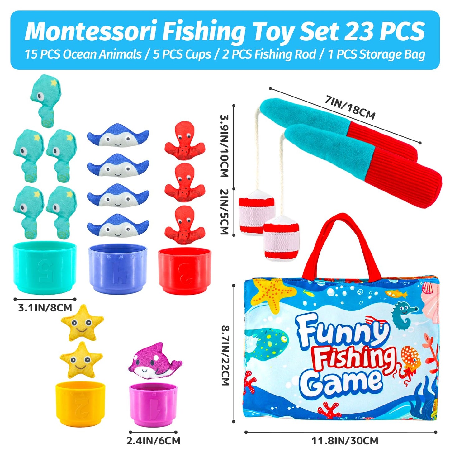 Fishing Game Toddler Sensory Toys Montessori Toy for 1-3 Birthday Gift 23pcs Sea Animal Cloth Fish Game for kids 1 Year Old with