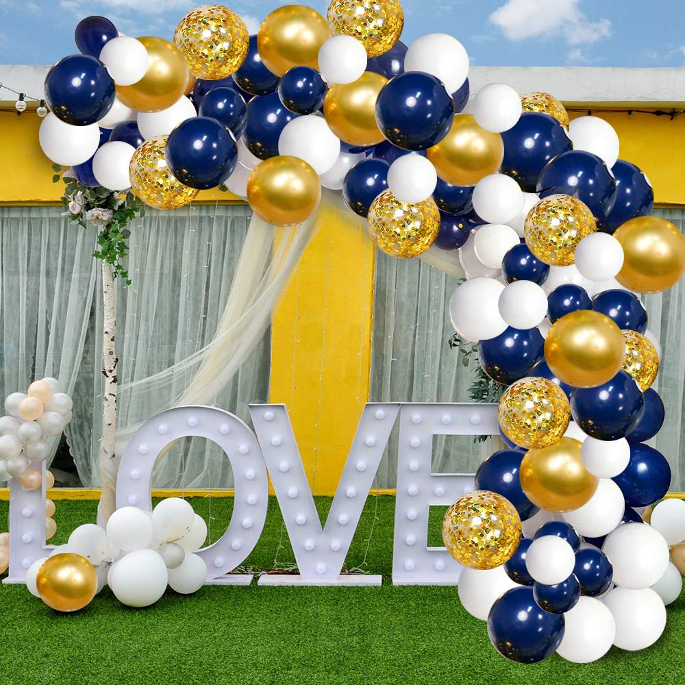 Navy Blue Gold Balloons Garland Kit, 120 Pcs Navy And Gold Confetti White Balloons Arch For Graduation Birthday Party Baby Showe