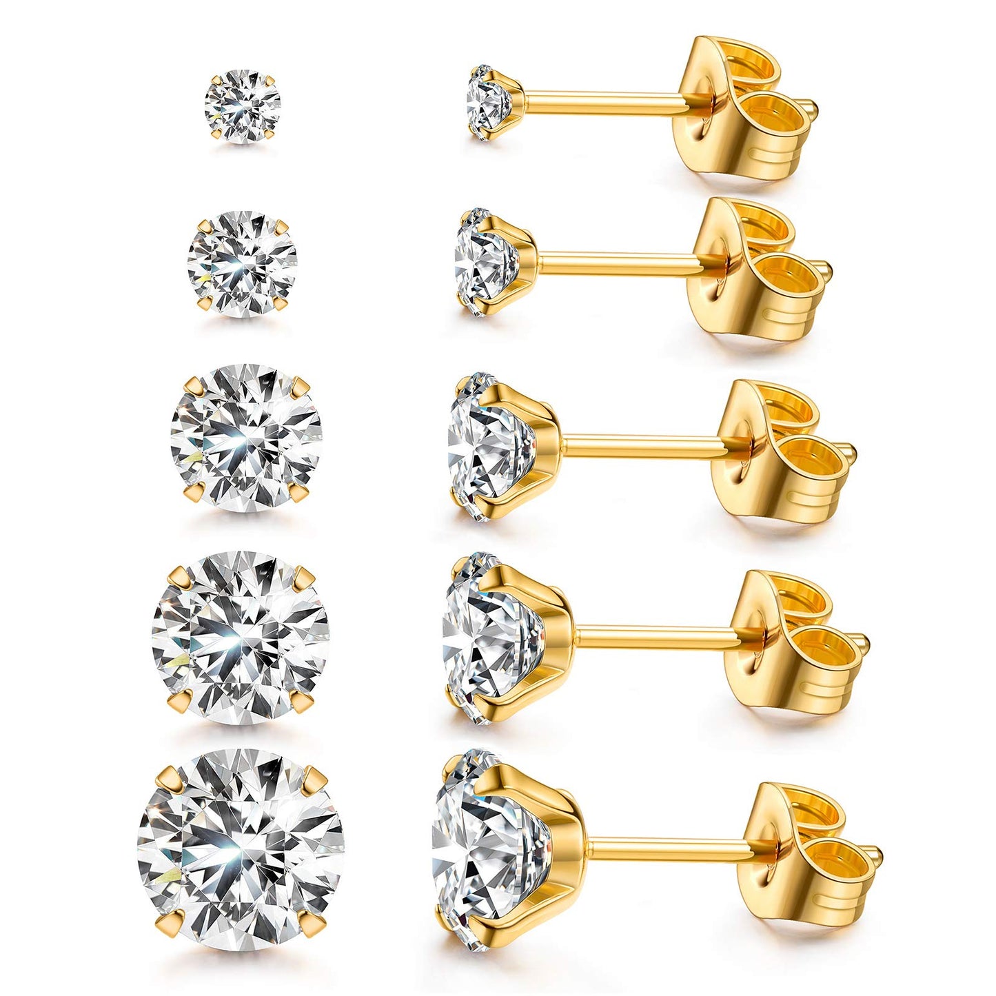 Kainier 5 Pairs 14K gold Plated Stud Earrings Set 316L Stainless Steel Earrings cubic Zirconia (cZ) Ear Stud for Women girls Hyp