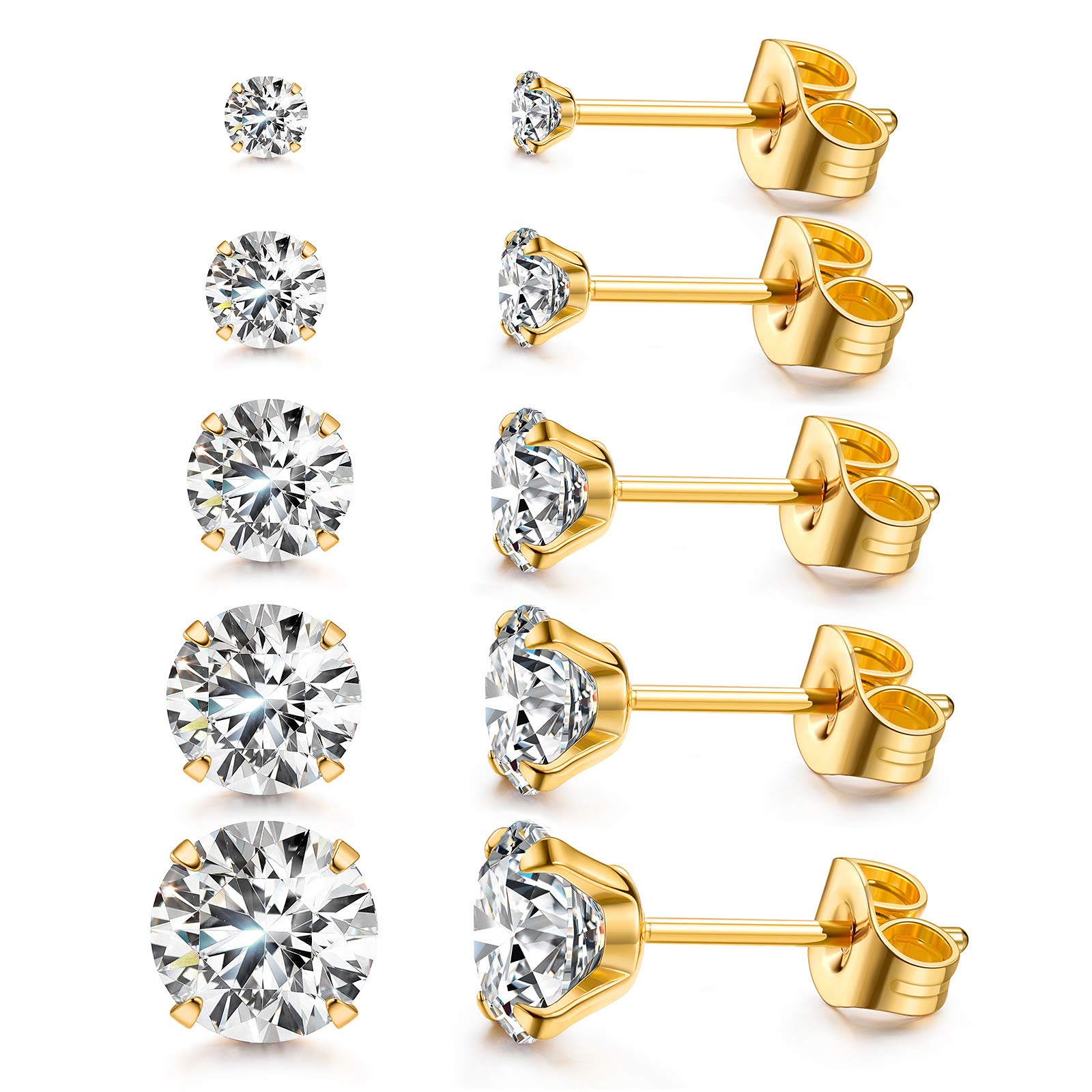 Kainier 5 Pairs 14K gold Plated Stud Earrings Set 316L Stainless Steel Earrings cubic Zirconia (cZ) Ear Stud for Women girls Hyp
