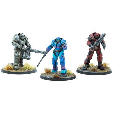 Modiphius Entertainment: Fallout: Wasteland Warfare - Unaligned: X-01 Power protective covering - 3 Figures  Unpainted Miniatures  Scenic Bases  Tabletop Miniatures