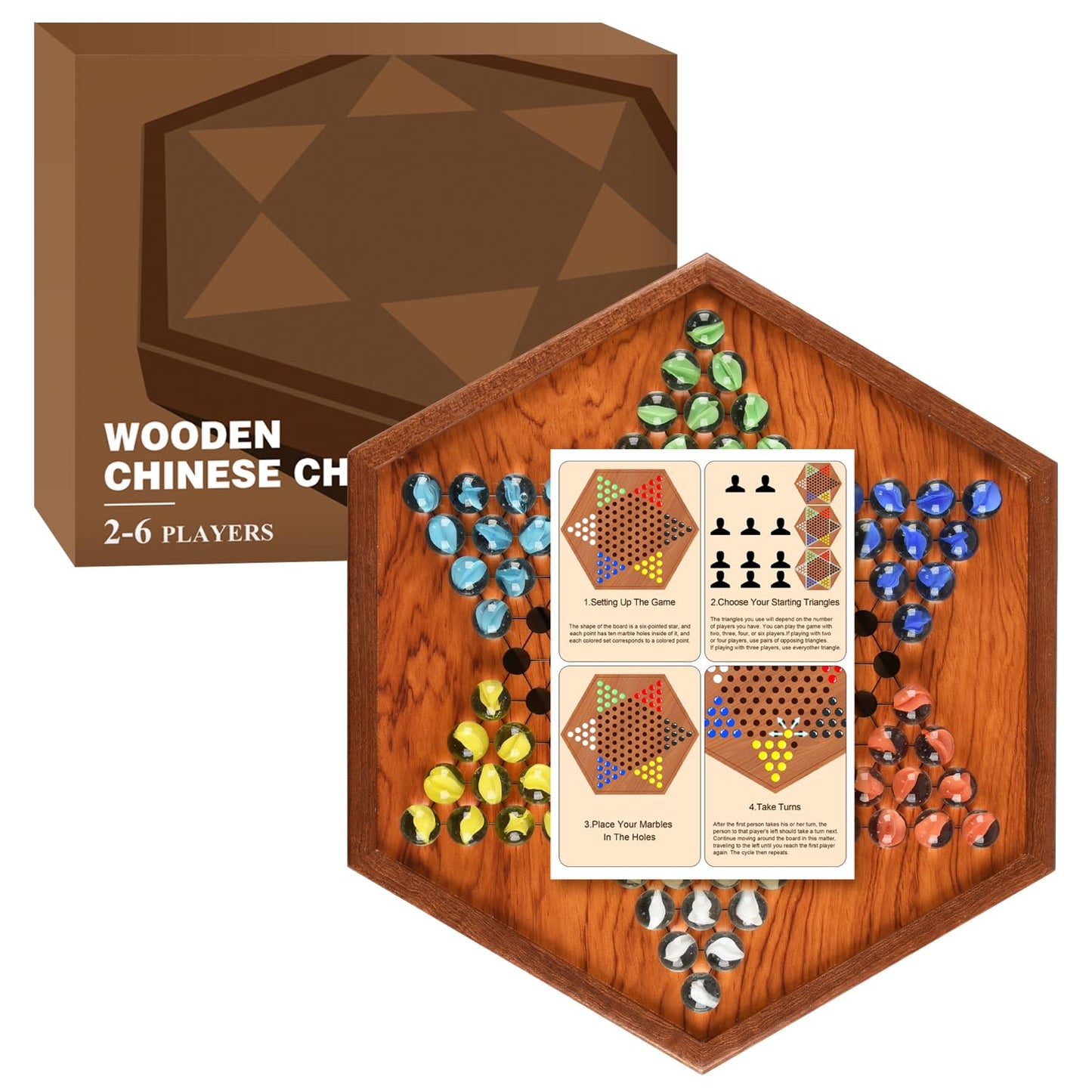 ALANGDUO Large 12.7" Wooden Chinese Checkers Set with 60+12 Glass Marbles, Dual-Sided Storage Drawer - Family Board Game for All Ages