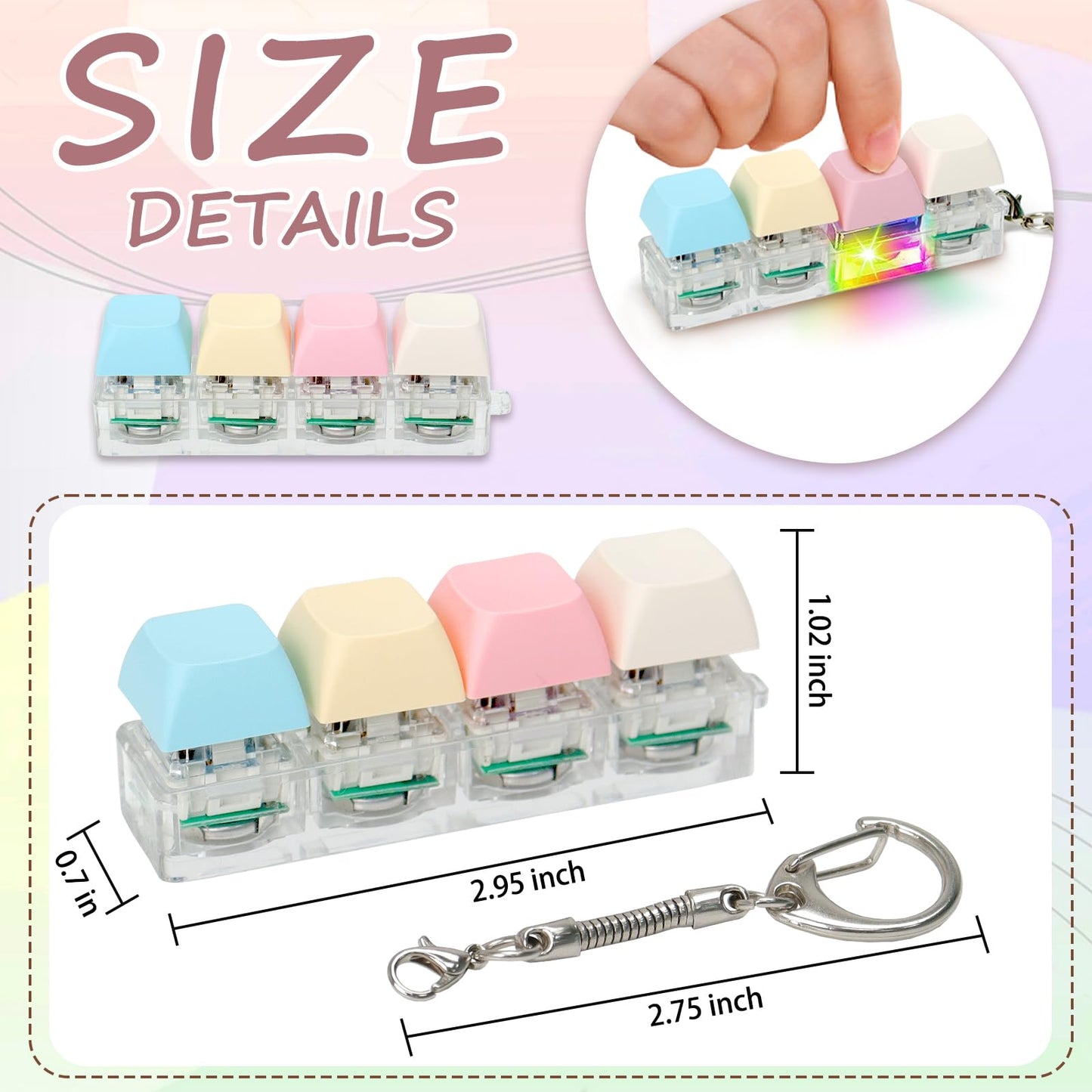 COZYMATE Keyboard Fidget Toys - LED Light Keychain, 4 in 1, Sky Blue, Light Yellow, Pink, Beige - Sensory Fun for Anxiety Decompression