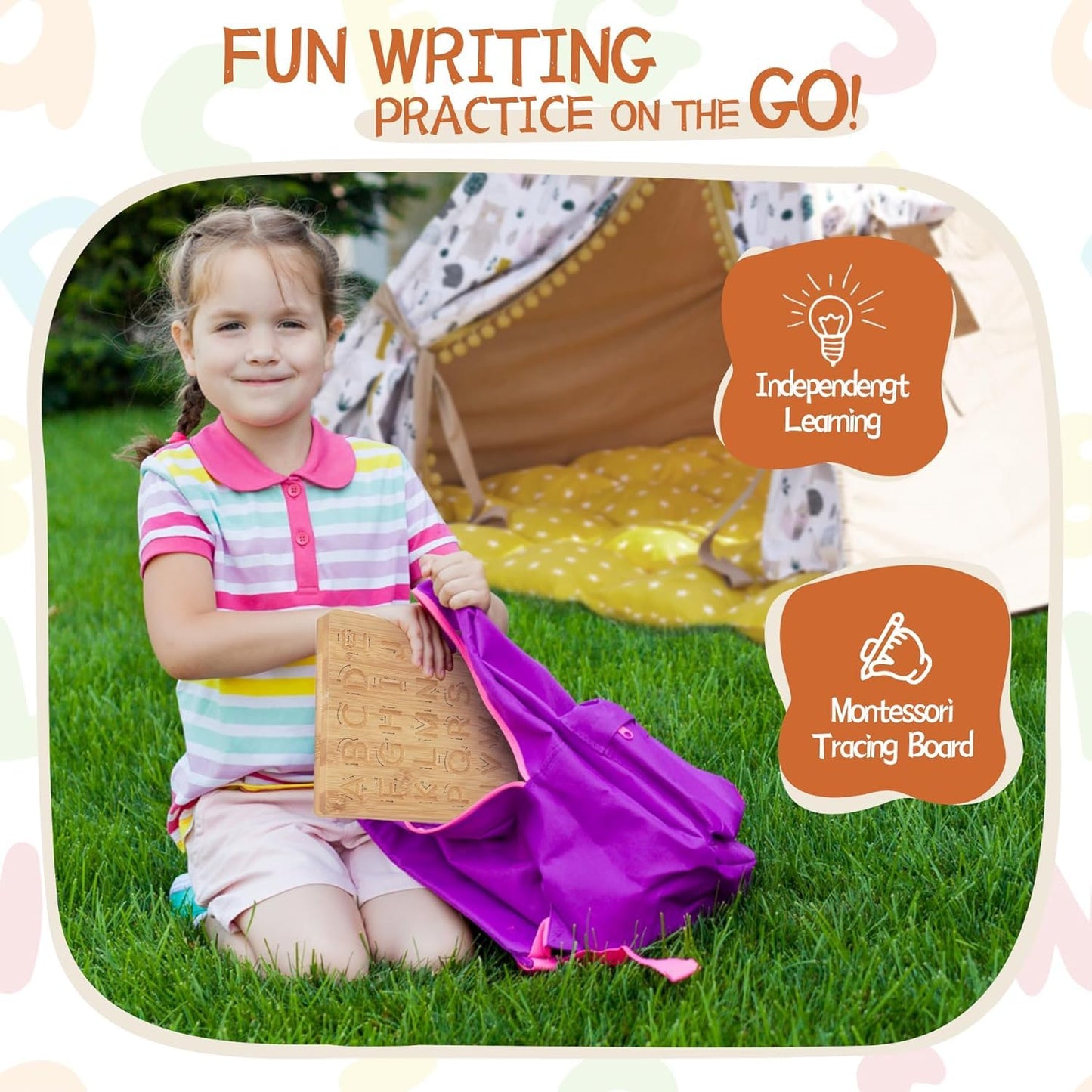 Asweets Montessori Wooden Alphabet Tracing Board, Bamboo, 9"x7", Double-Sided, 2 Pieces, Ideal for Toddlers and Preschool Gifts