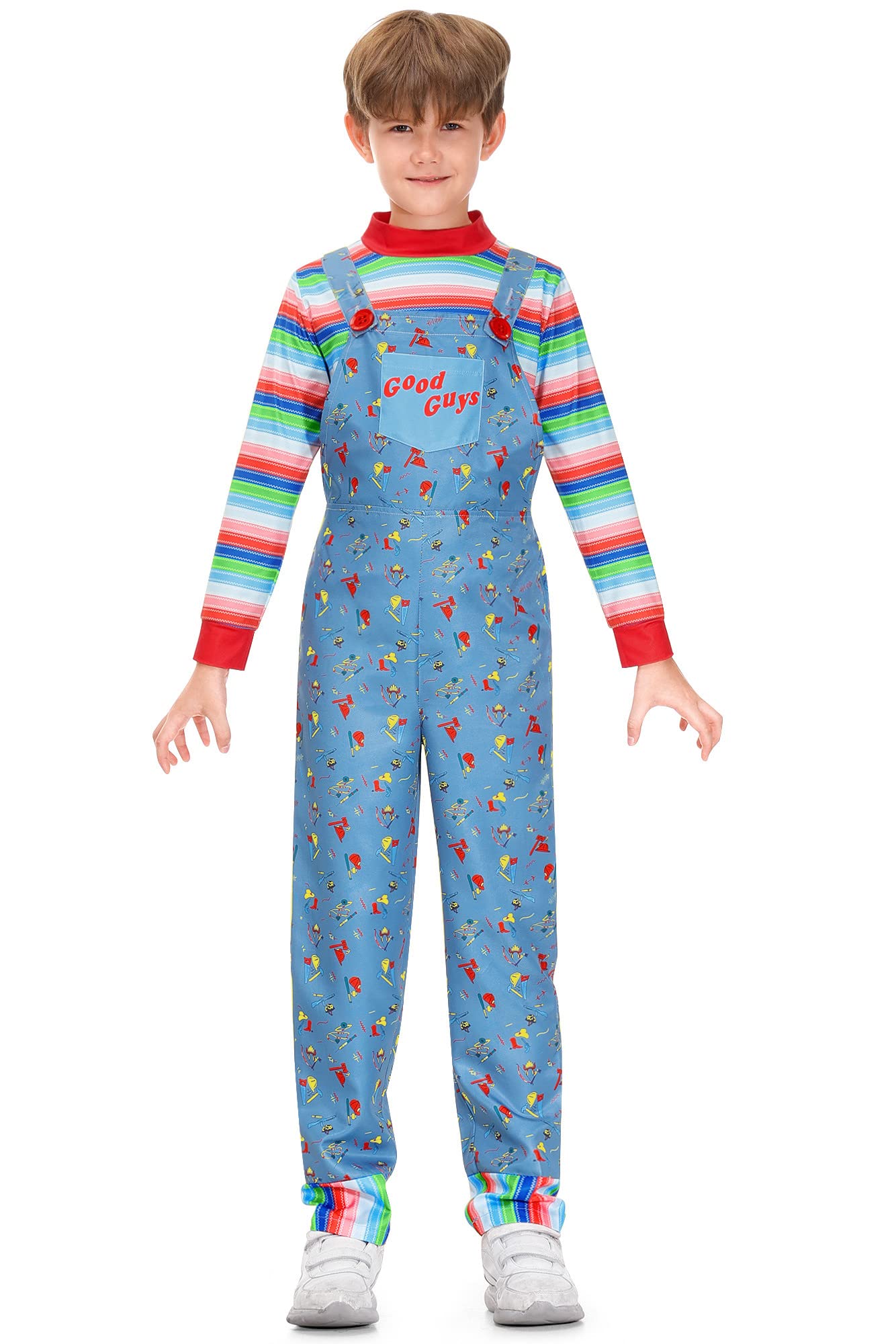 Besserbay Halloween Girls Blue Scary Jumpsuit Horror Killer Doll Front Pocket Clothes Overalls With Striped Shirt 4 Years