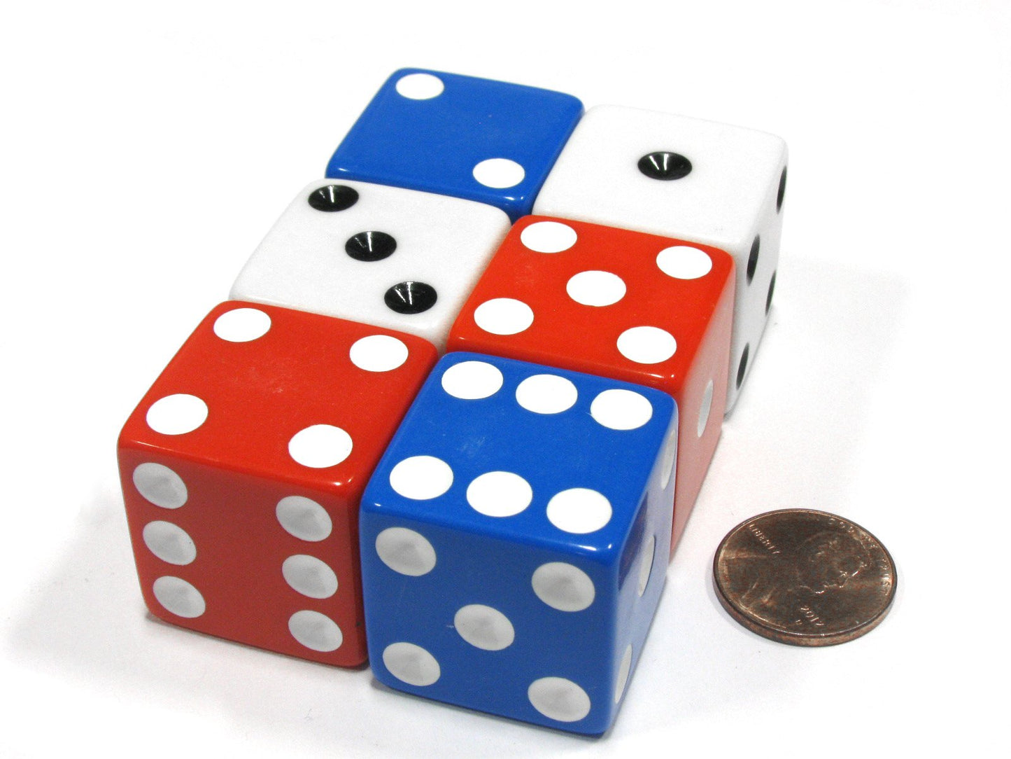 Set of 6 Patriotic D6 25mm Large Opaque Jumbo Dice- 2 Each of Red White and Blue by Koplow Games