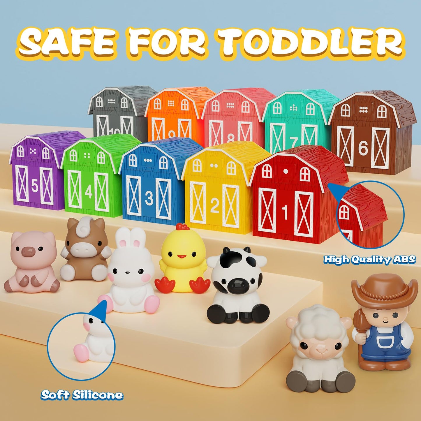 Learning Toy For Toddlers 1 2 3+ Years Old, 20 Pcs Farm Animal Barn Toy & Finger Puppets, Montessori Educational Toy For Kids,10 Animals & 10 Barns For Babies Boys Girls Easter Christmas Birthday Gift