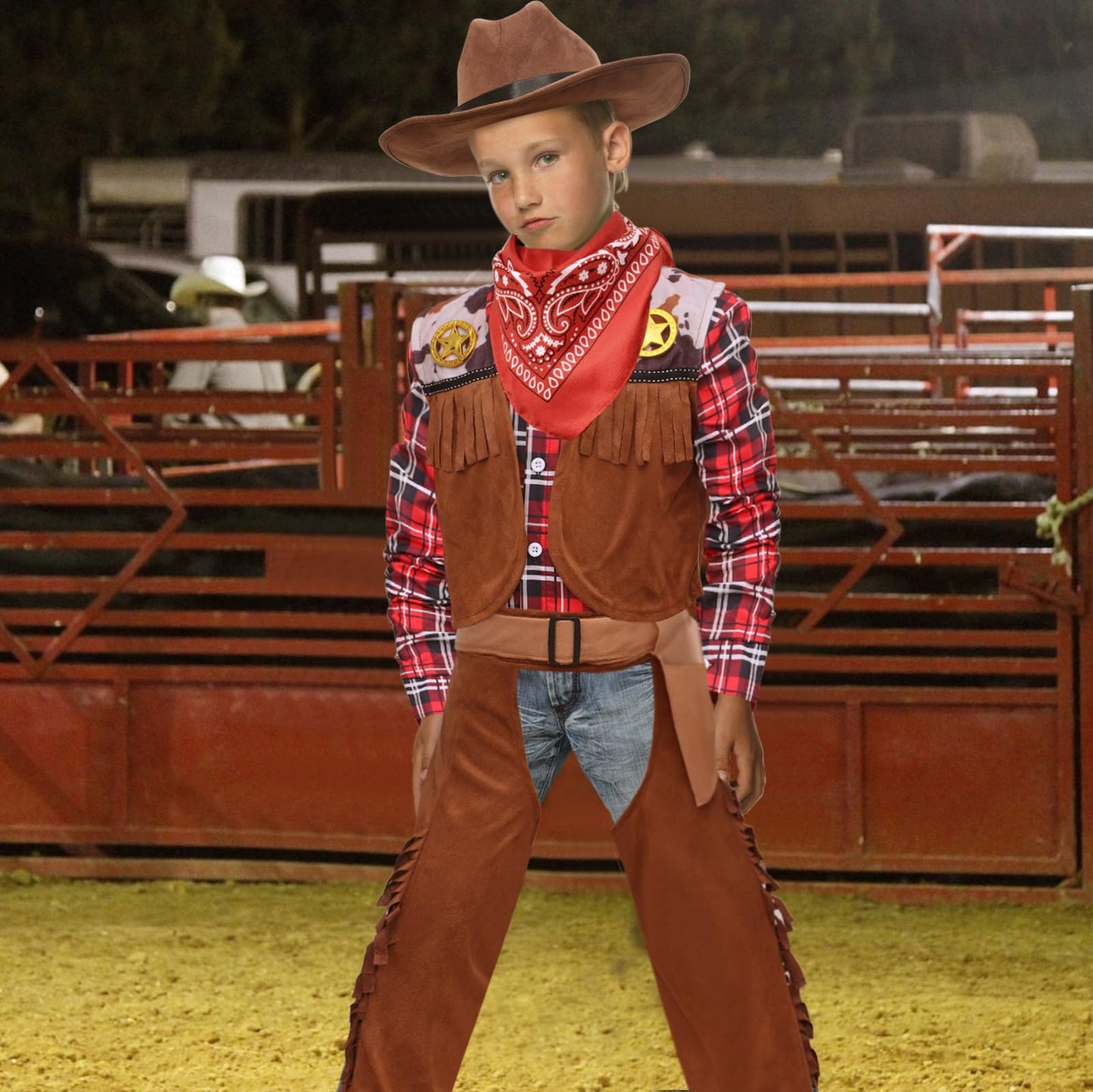 Latocos Kids Cowboy Costume 7 PCS Set, Ages 3-10, Red Polyester Dress Up for Halloween Role Play