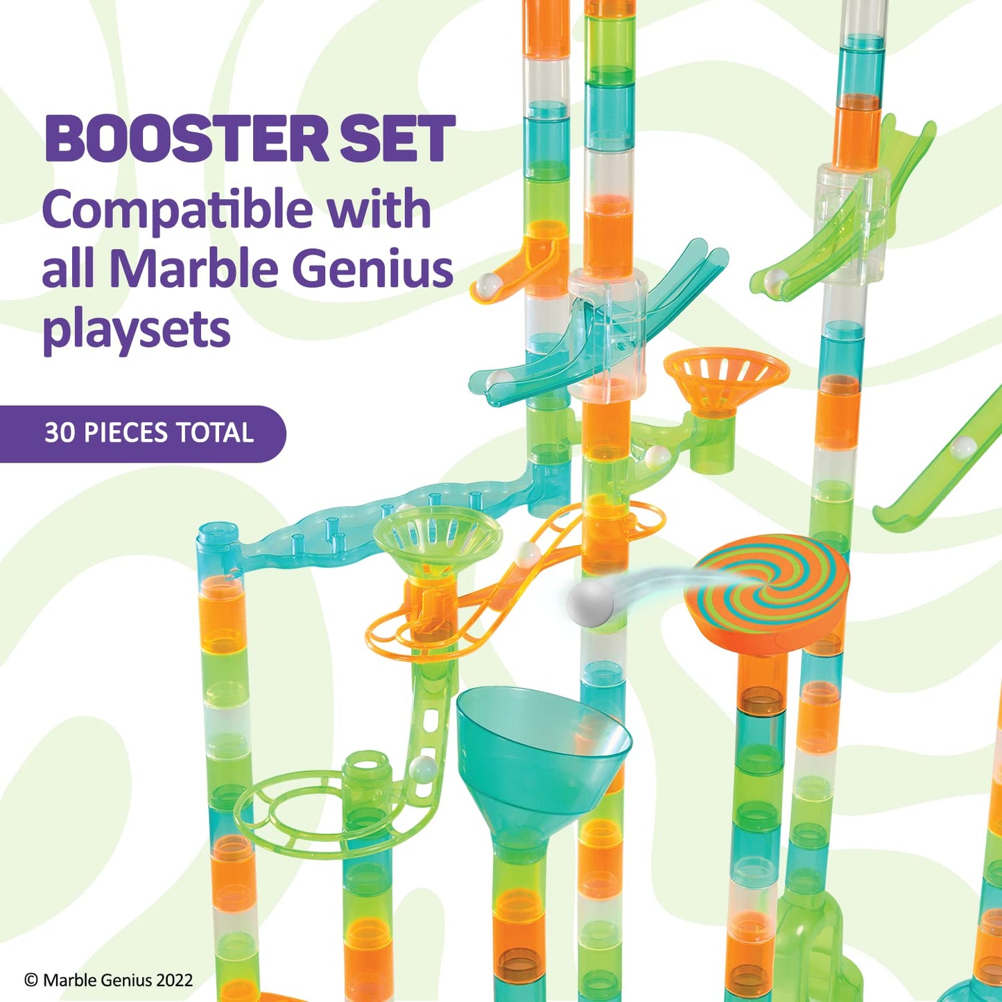 Marble Genius Marble Run Stunts Booster Set: 30 Pieces Total, 9 Action Pieces Including New Patented Trampoline, Includes Free Online App And Full-Color Instruction Booklet, Made For Ages 5 And Up