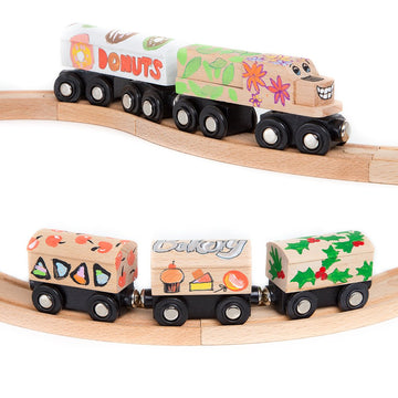 Orbrium 8 Unpainted Train Cars With 12 Colors Paint And Paint Brushes Set For Wooden Railway Compatible With Thomas, Chuggington, Brio, For Birthday Party Train Theme