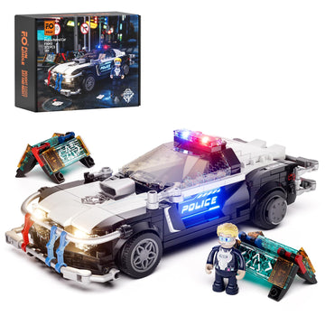 Funwhole Police Patrol Car Lighting Building-Bricks Set - Cyberpunk City Car Chase Playkit With Officer 372 Pcs Stem Toys
