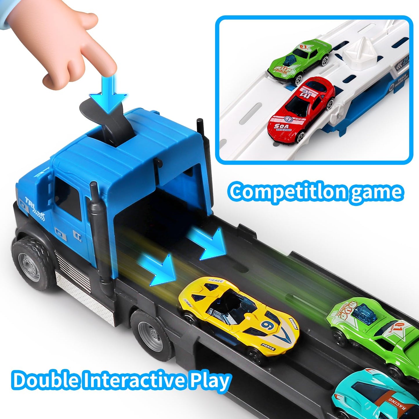 Dowellin Carrier Truck Toys for Kids, 4.6-FT Foldable Hauler Track Ejection Car and 6 Metal Race Car with Light&Sounds, Truck To