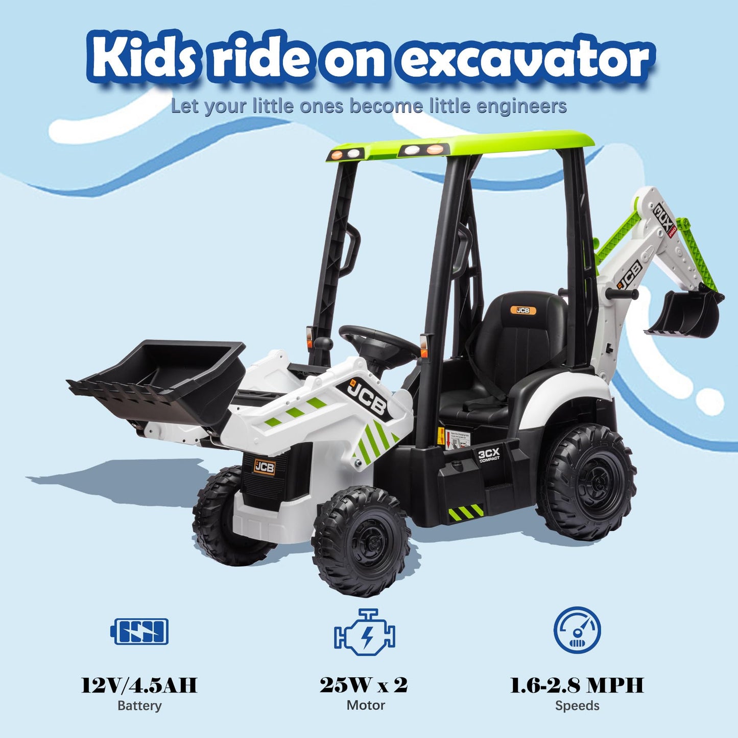 12V Jcb Ride On Excavator, Construction Electric Vehicle For Kids 3-8 With Tractor, Bulldozer, Digging Arm, Remote Control, Adju