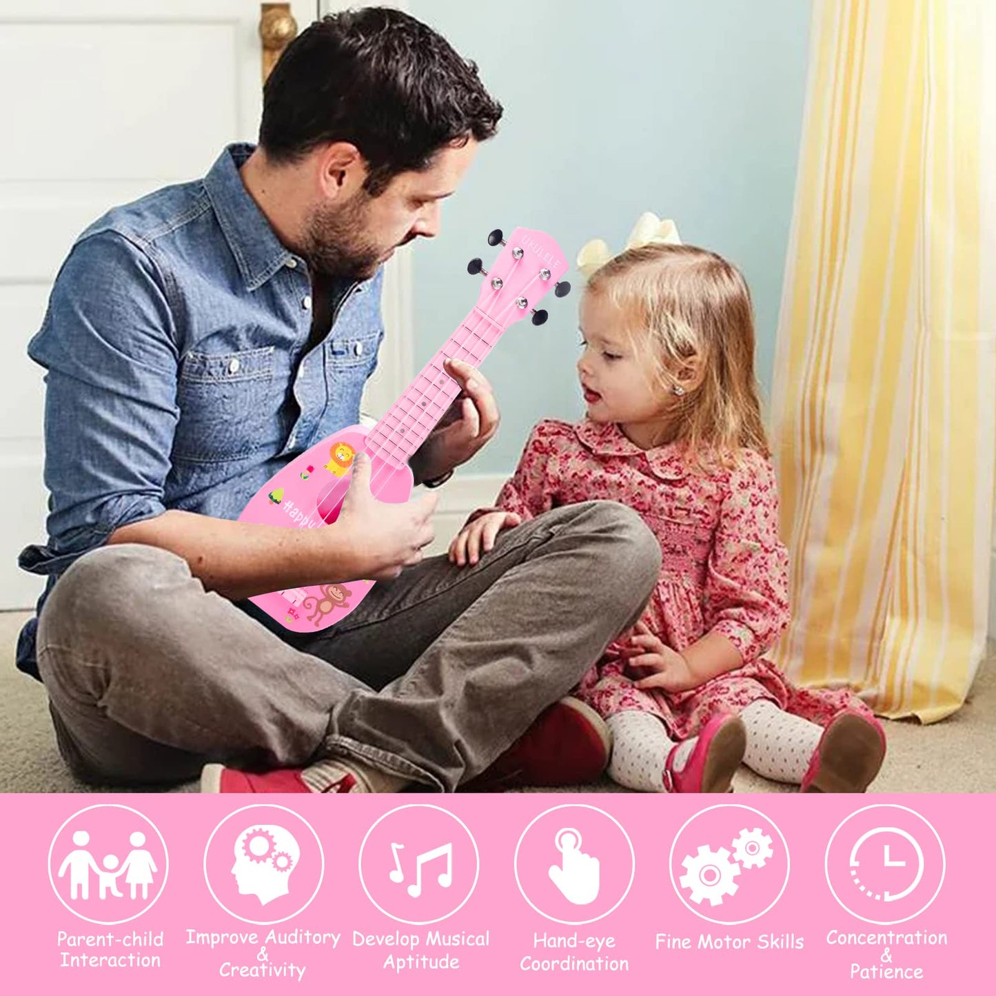 17 Inch Kids Ukulele Guitar Toy 4 Strings Mini Children Musical Instruments Educational Learning Toy For Toddler Beginner Keep Tone Anti-Impact Can Play With Picks/Strap/Primary Tutorial