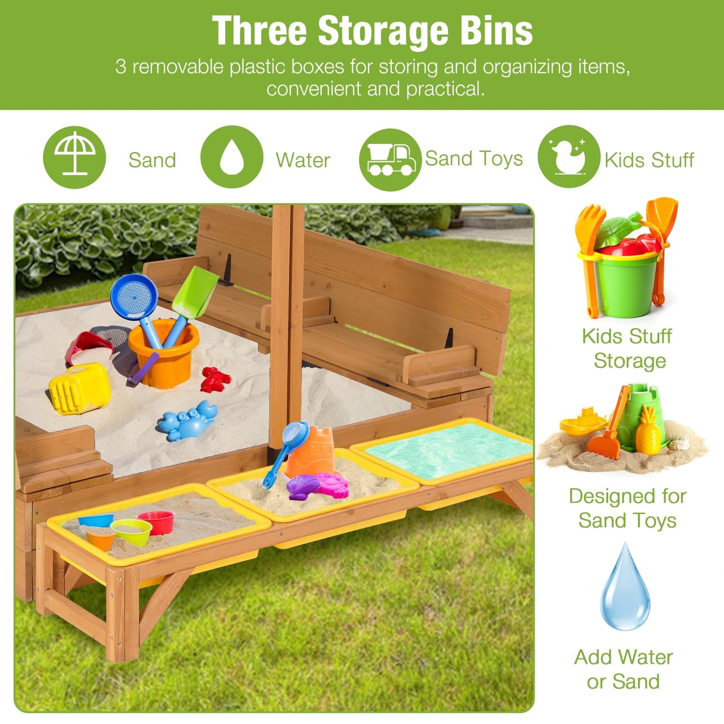 GUTINNEEN Wooden Kids Sandbox with Cover Sandbox with Lid Outdoor Sand Boxes with 3 Toy Bins
