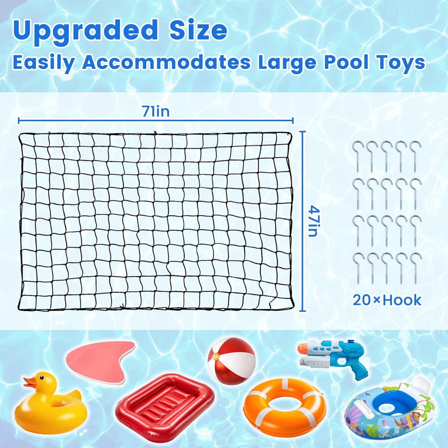 Vidoya Pool Storage Net, Pool Toy Net 71    X 47   , Elastic Mesh Net With 20 Hooks For Fence, Outdoor Pool Toy Storage For Nood