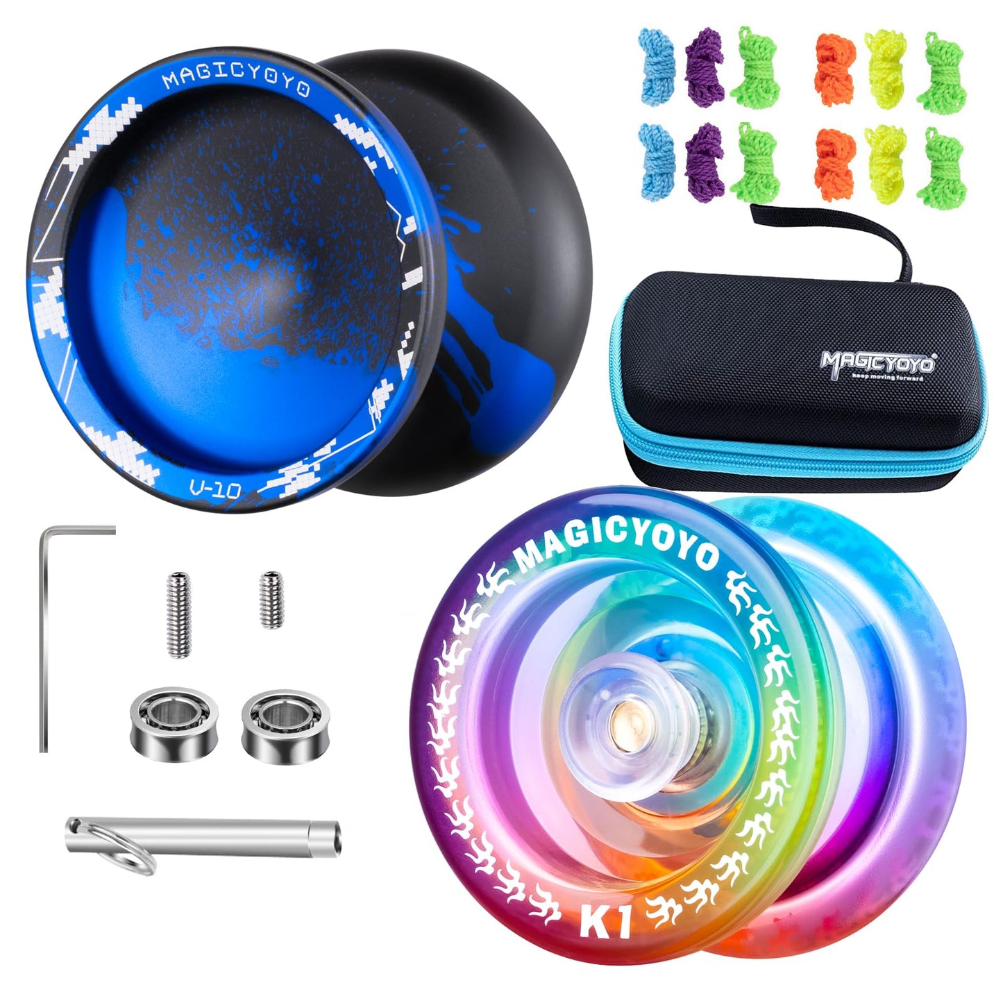 Magicyoyo Yoyo Pack Of 2 Yoyos Unresponsive Yoyo V10 And Responsive Yoyo K1, Plastic K1 Yoyo For Kids Beginners, V10 Metal Yoyo For Adults, With 12 Yoyo Strings, Yoyo Case Bag (Black Blue + Gradient)