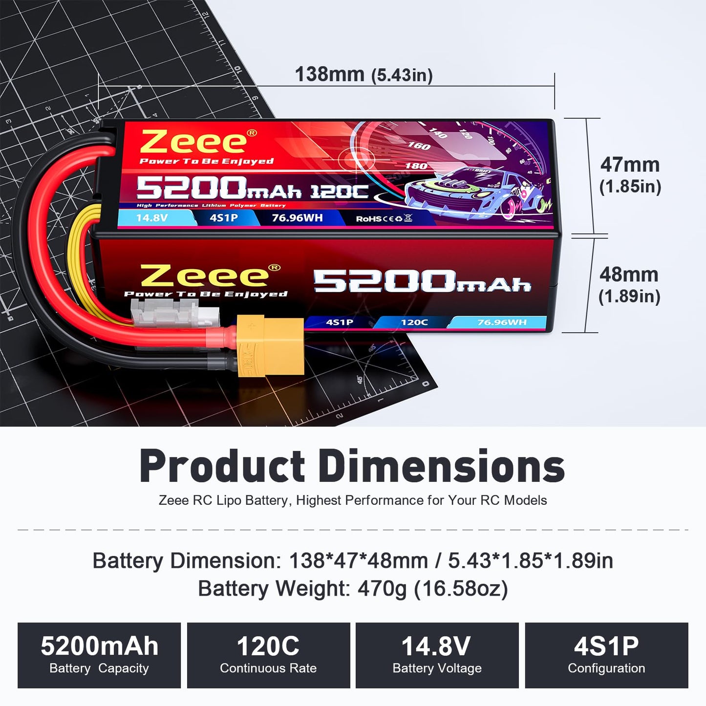 Zeee 4S Lipo Battery 5200Mah 14.8V 120C Hard Case Rc Battery With Xt90 Plug For Rc Car Rc Buggy Truggy 1/10 Scale Racing Truck R