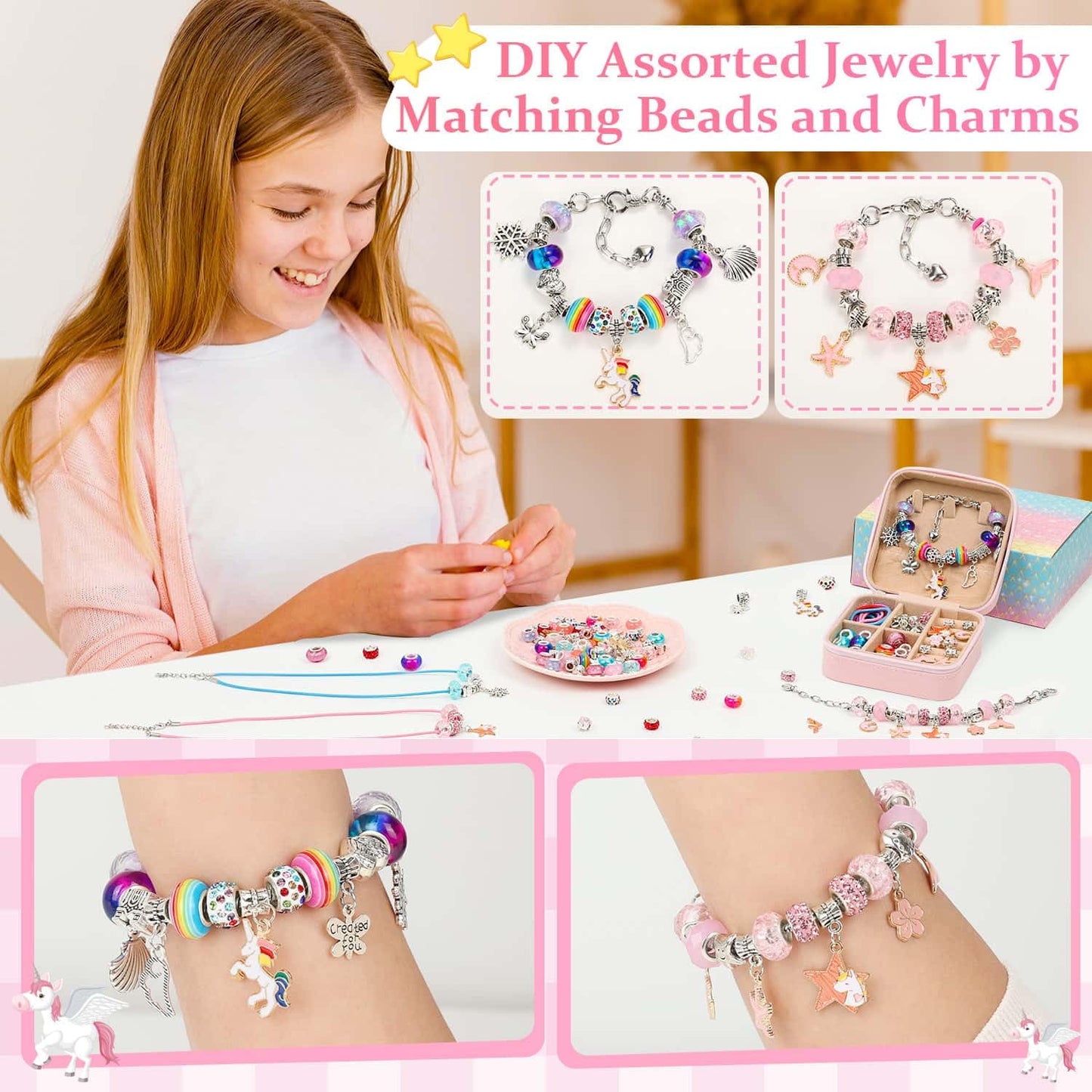 110 Charm Bracelet Making Kit, Jewelry Making Kit for Girls DIY Bead Necklace Kit with Initial Bracelet Box Unicorns Crafts Arts