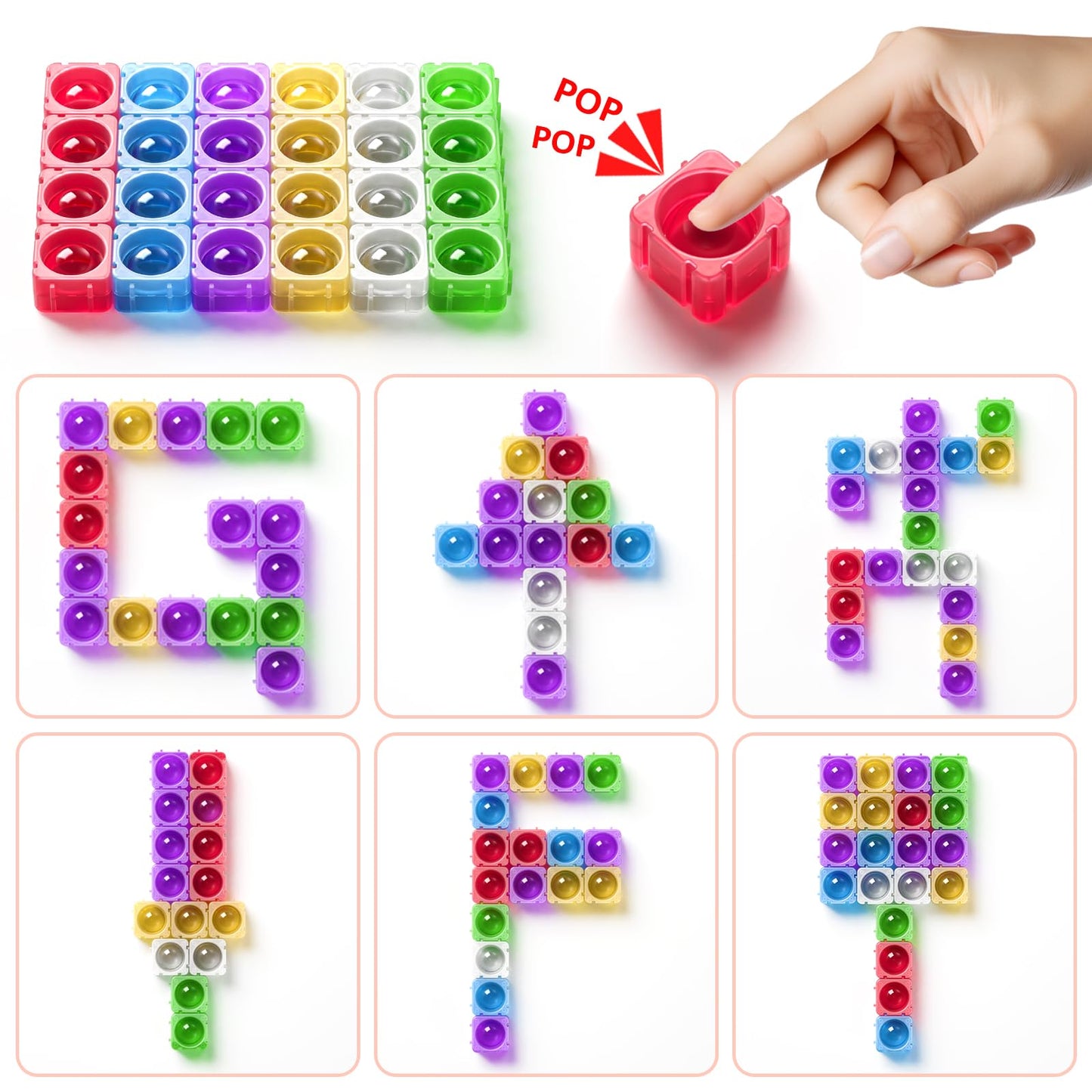 Fidget Toys For Kids, Transparent Silicone Popper Diy Building Blocks Cvc Words Learning Phonics Color Recognition Clarssroom Tool Anxiety Stress Reliever Toy (Transparent)