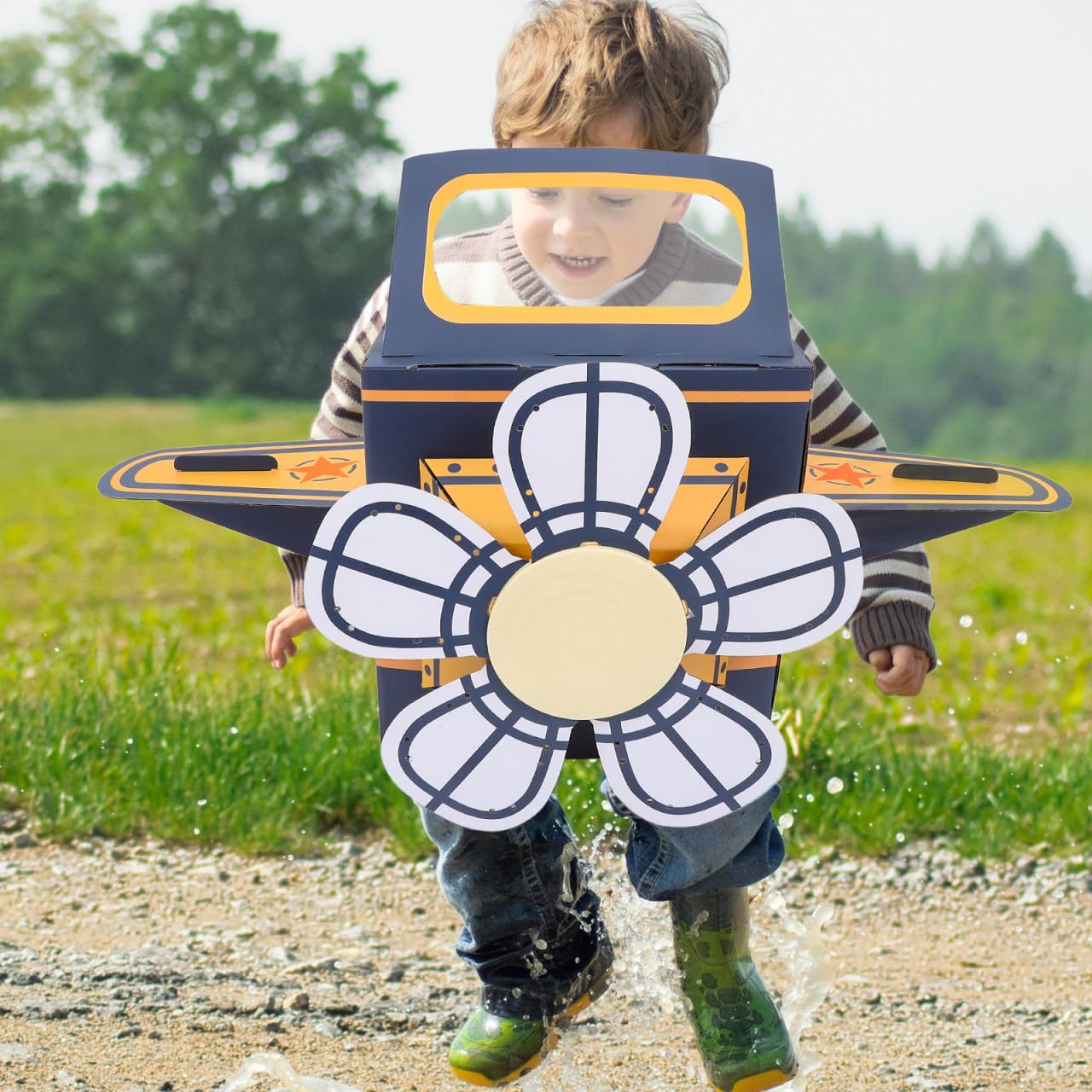 SAFIGLE Children Wearable Cardboard Plane: Airplane Costume for Kids DIY Paper Aircraft with Rotating Fan - Cardboard Car Fun Ou