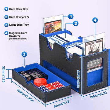Uaono Card Deck Box For Mtg, Double Card Storage Box With 2 Commander Display & 1 Dice Tray, Fits 200+ Double Sleeved Cards, Card Organizer For Ccg Tcg Sports Cards (Black Blue)