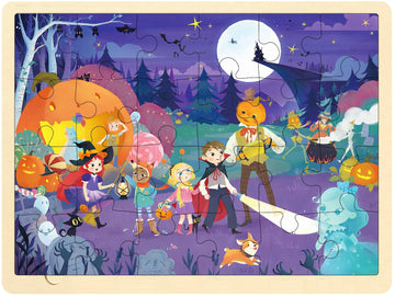 Moinkidz Halloween Puzzle For Kids 3 Year Old, 24 Piece Puzzles For Kids Ages 3-5 Whimsical Halloween Night, Wooden Jigsaw Puzzles For Toddlers, Preschool Puzzles With Puzzle Tray