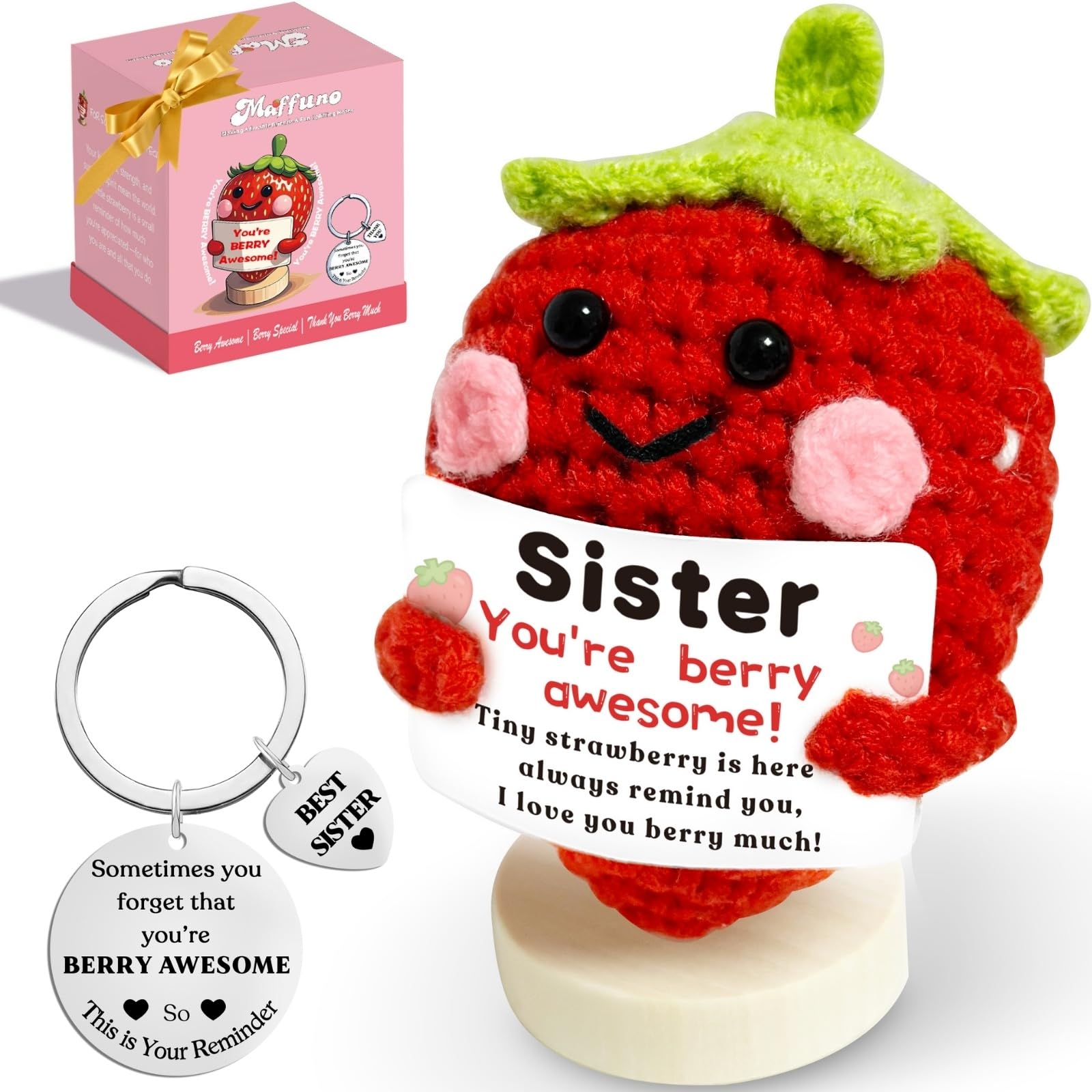 Sister Gifts Positive Crochet Strawberry: Big Sis Sister-in-Law Friends mature-themed Gifts for Birthday Christmas White Elephant Day Genlentines  Handmade Cute Berry Awesome Card Base Keychain (Sister)