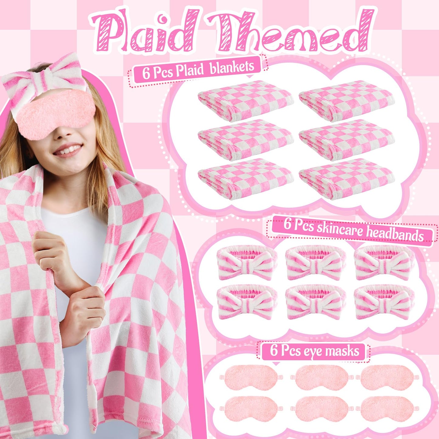 Fanfanwin 18 Pcs Sleepover Party Supplies for Girls, 6 Style Cute Pink Plaid Blanket 6 Coral Fleece Spa Headband 6 Plush Pink Ey
