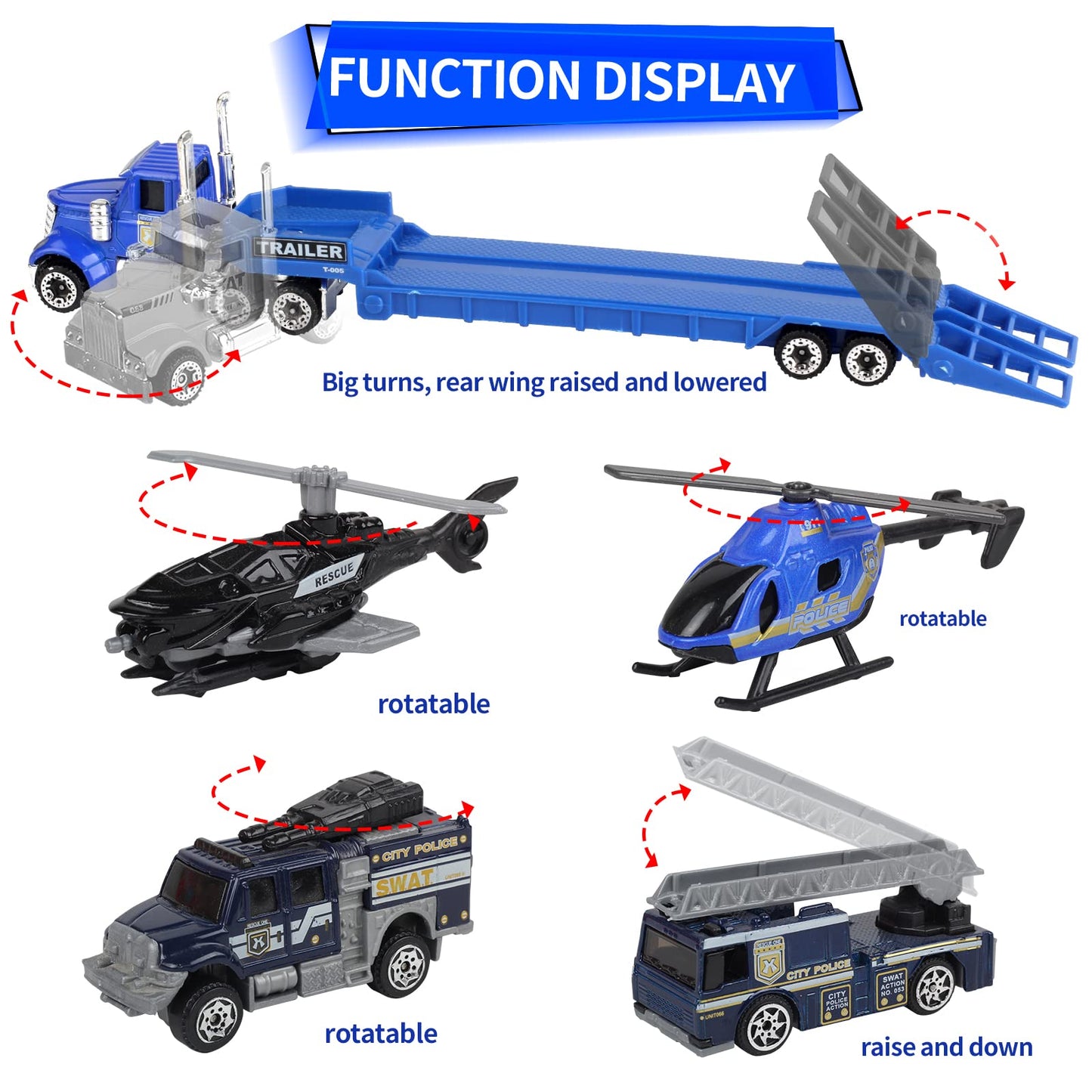 Oriate Die-cast Police Rescue City S.W.A.T. Car Toys Set w/Heavy Duty Trailer & Police Patrol Cartoon Stickers, 12 Packs Mini Po
