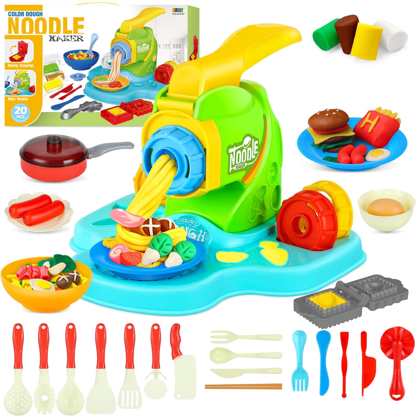 Play Color Dough Set for Kids Ages 4-8, 35PCS Kitchen Creations Noodle Playset, Art Crafts Food Modeling Play Toys for Girls Boy