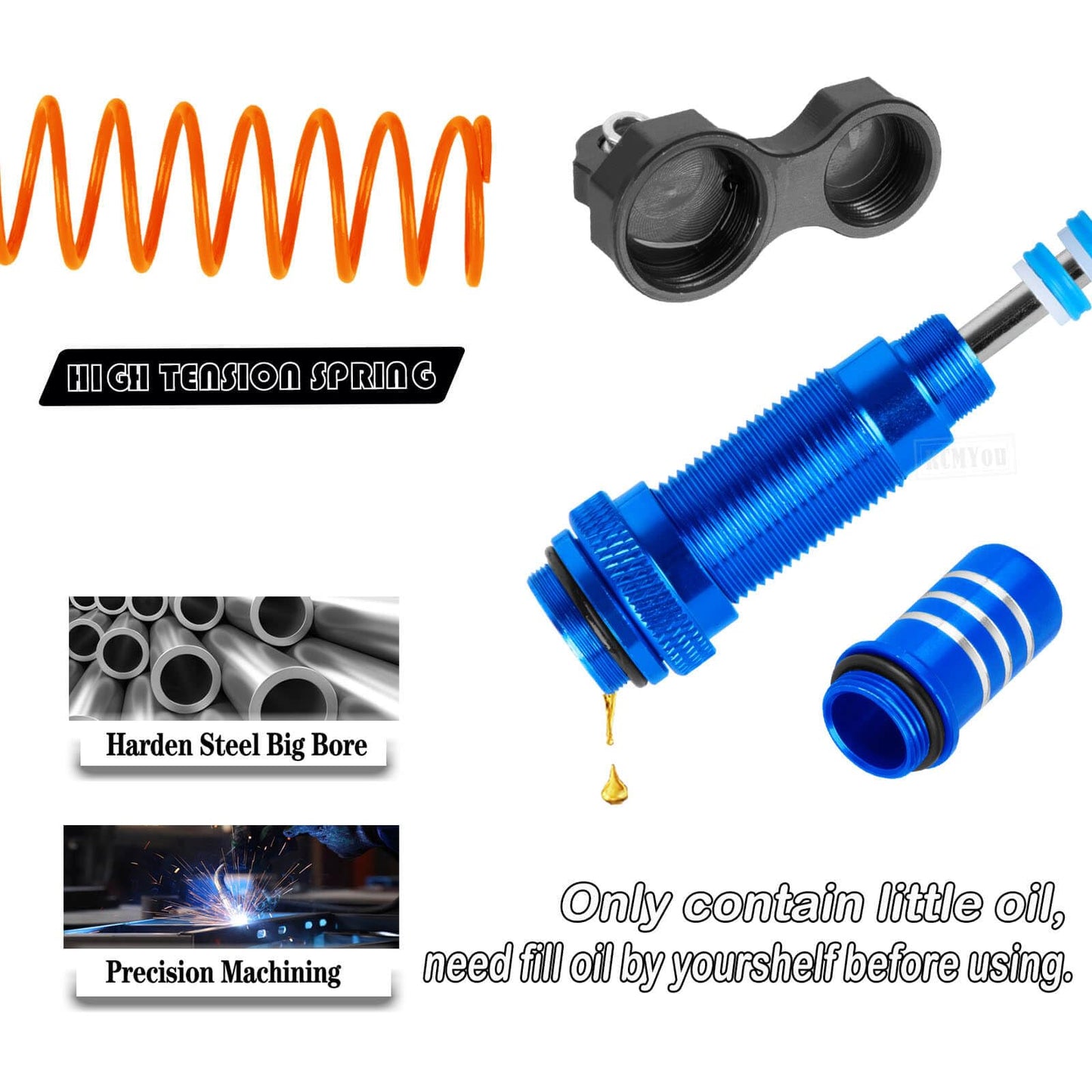 RCMYou RC Aluminum Front Rear Big Bore RC Shock Absorber Upgrades Part for 1/10 Slash,Stampede,Rustler,Hoss 2WD 4X4 VXL,Alloy 4P