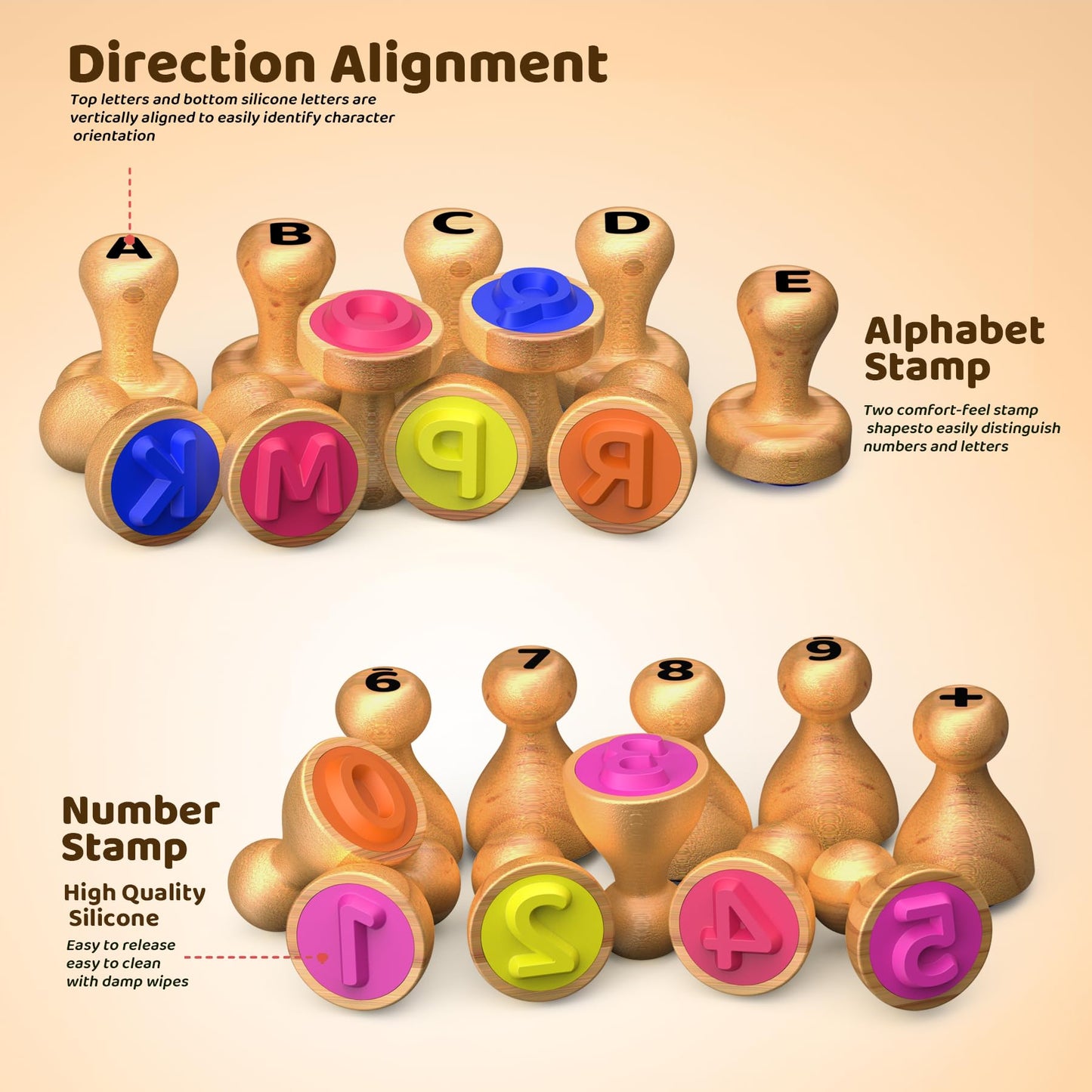 UdoUto Wooden Alphabet & Number Stampers Set with 7-Color Ink Pad | ABCs 123s Learning Stamps & Flashcards | Preschool Homeschoo