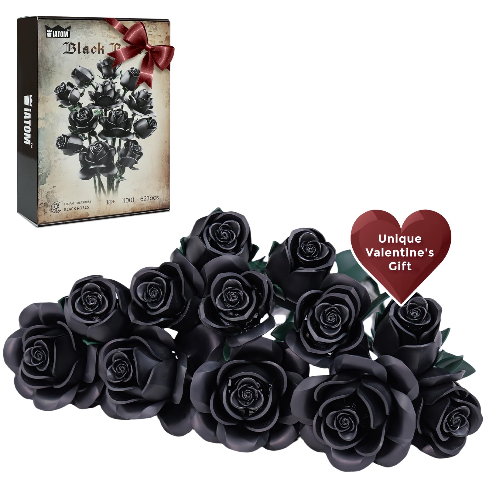Black Roses Flower Bouquet Building Set, Rose Botanical Collection Blocks Kit Compatible With Lego Flowers For Adults, Gothic De
