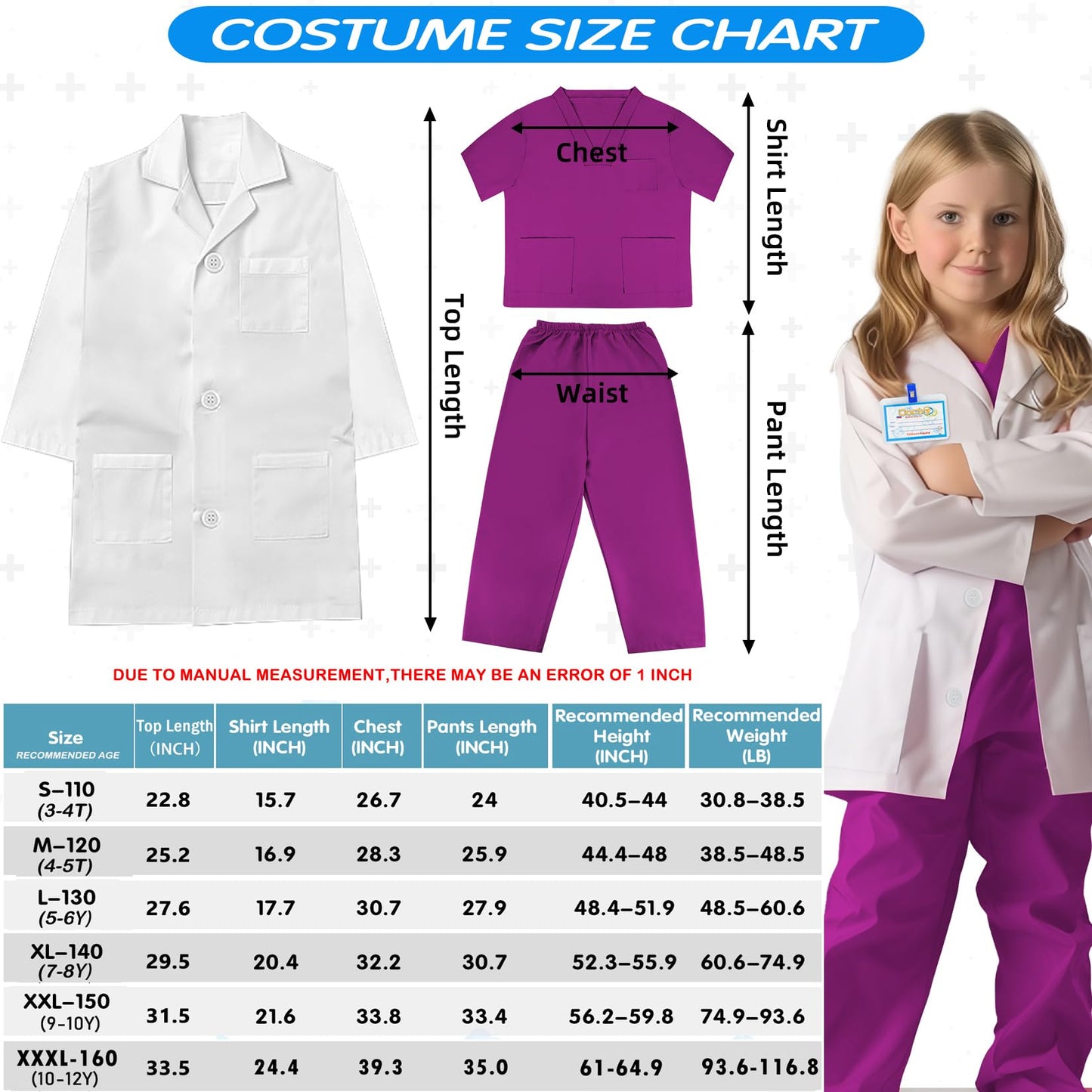 COTATERO Doctor Scrubs Costume for Kids With Stethoscope Lab Coat Career Day Costume Halloween Dress Up For Boys Girls 3-12 (Purple  XL-140/7-8Y)