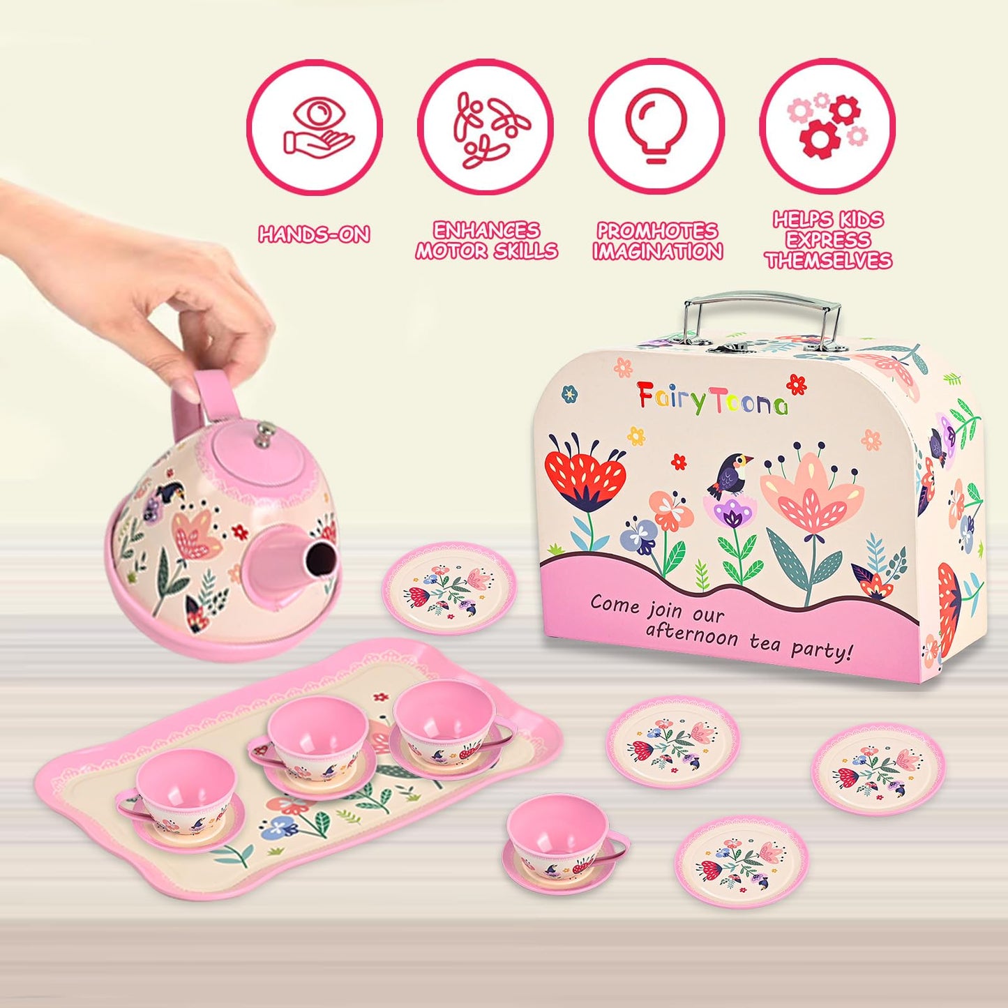 Fairy Toona Floral Tea Party Set for Little Girls Ages 3-6, 15-Piece Pretend Play Kitchen Toys with Teapot, Cups, Plates & Stora